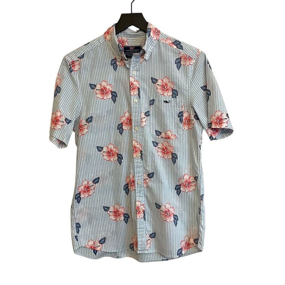 Vinyard Vines Classic Fit Hibiscus Stripe Stretch Hawaiian Shirt Size XS